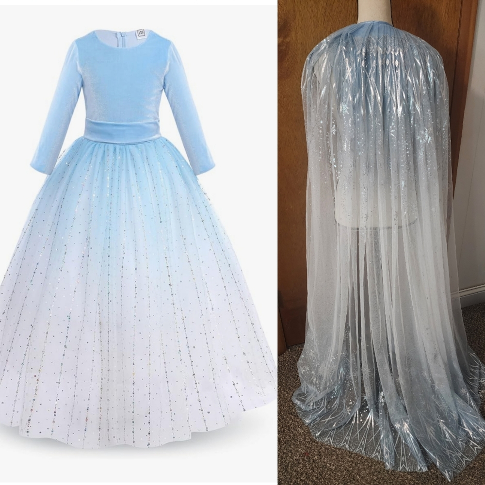 Elsa-Inspired Blue Formal Gown + Sparkling Cape Set – Size 13-14 – Excellent